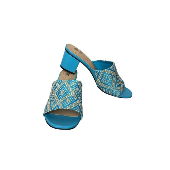 Avon Cushion Walk Slides Sandal Block Heel Womens 10 Blue Straw Weave Mules New - Picture 1 of 10